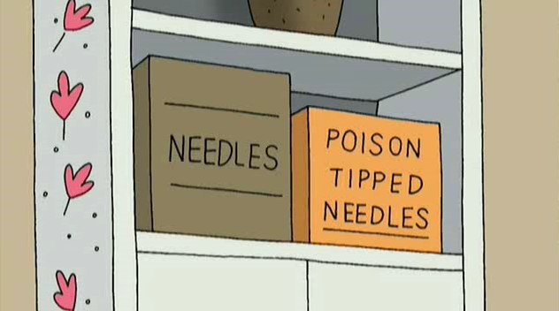 Meme showing two boxes on a tall shelf next to each other: "needles" and "poison tipped needles".